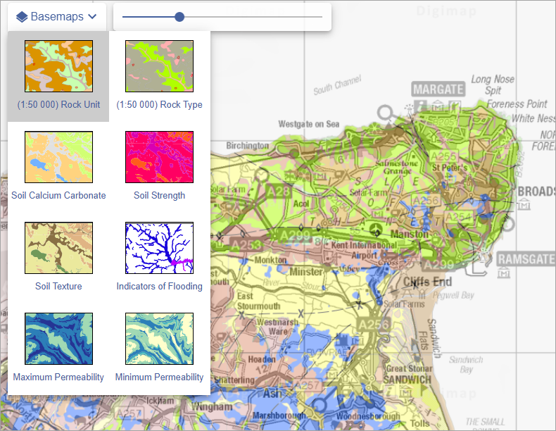 Basemaps menu in Geology Digimap