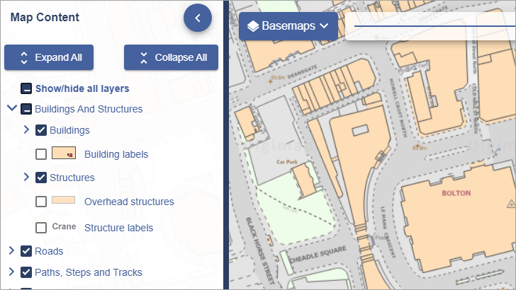map content area with a feature group open